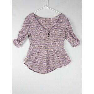 Free People Blouse‎ Womens Medium Colorful Boho Ruffle Fairy V Neck Flared Check